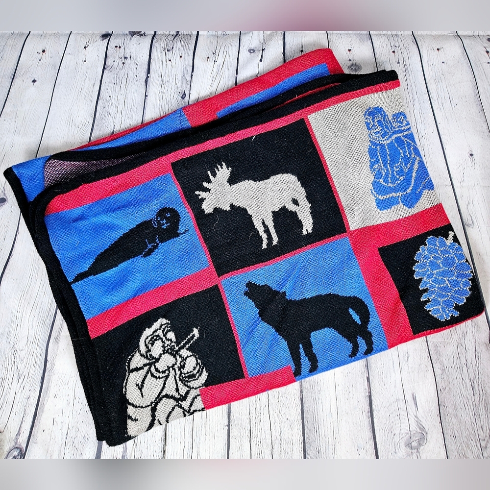 TUNDRA | vintage 100% cotton mercerized knit moose seal wolf Inuit throw blanket